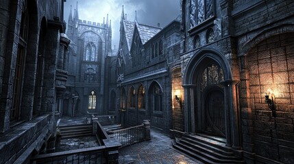 A mysterious Gothic courtyard with dark stone walls, arched doorways, and ornate details, creating an eerie and atmospheric vibe reminiscent of Gothic heritage.