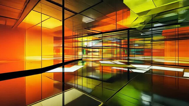 Abstract Colorful Glass Reflections in Geometric Space with Vibrant Lighting

