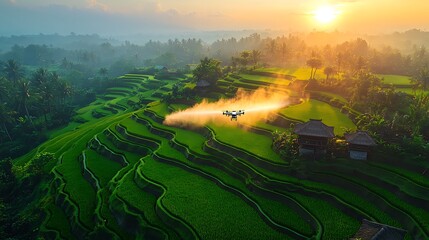 Agricultural drones hovering over terraced rice fields, spraying precise nutrient clouds under a golden-hour sun