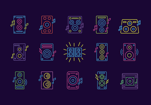 Blue And Yellow Neon Speaker Music Icons Set