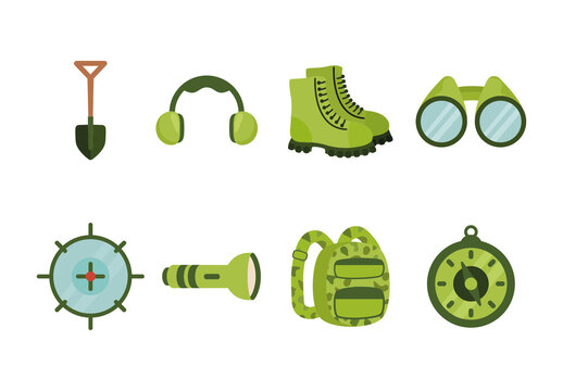 Green Army Camping Survival Gear Icons Set