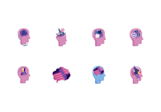Pink And Purple Conceptual Mental Health Illustration Set