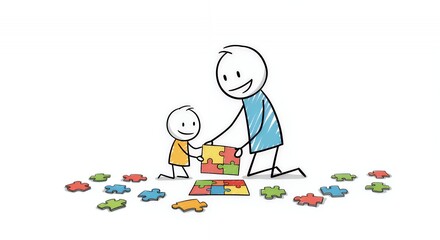 Stick Figure Father and Child Solving Colorful Puzzle on White Background