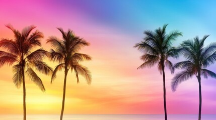 A silhouette of palm trees against a colorful sunset sky, perfect for a tropical-themed wallpaper with soft gradient hues.