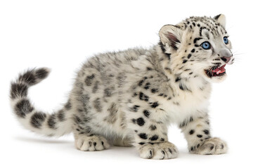 Obraz premium Snow Leopard Cub with Blue Eyes Isolated on White Background