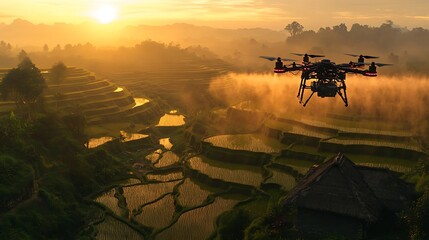 Agricultural drones hovering over terraced rice fields, spraying precise nutrient clouds under a golden-hour sun