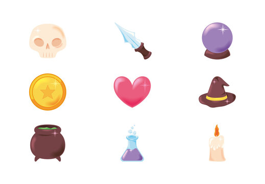 Brown And Blue Magical Fantasy Elements Icons Set