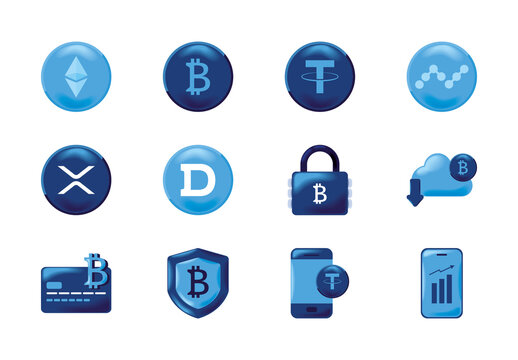 Blue Cryptocurrency And Finance Economy Icons Set