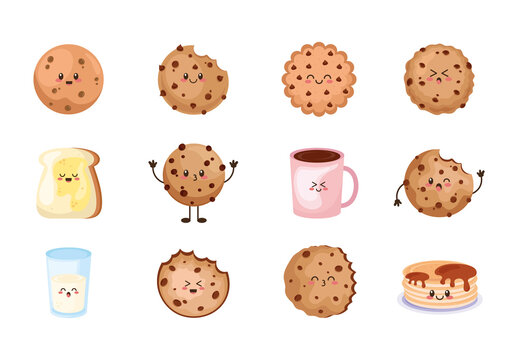 Brown Cookie Kawaii Cartoon Breakfast Food Icons Set