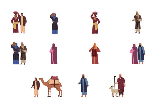 Colorful Desert People Traditional Nomadic Lifestyle Illustration Set