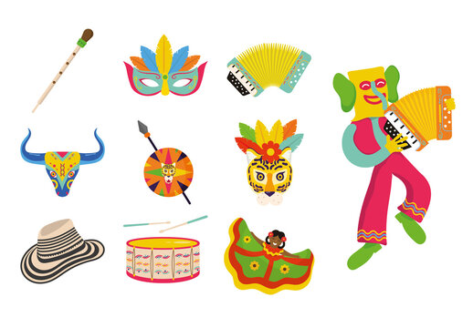 Colorful Traditional Festival Colombia Carnival Illustration Set