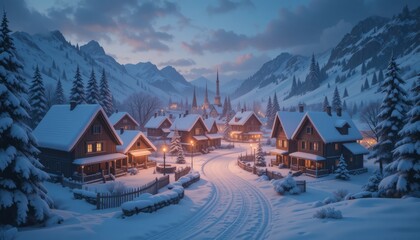 Snowy Mountain Village at Sunset Winter Landscape