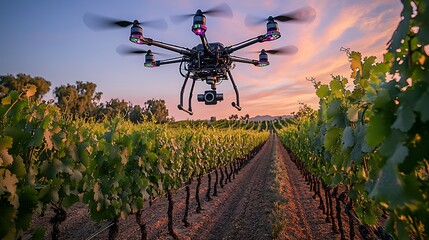 AI-controlled pest deterrent drones releasing ultrasonic waves over a vineyard, rippling grapevines under a twilight sky
