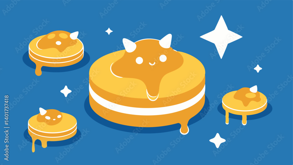 Poster intricate pancake designs a 3d printer depositing batter to create pancakes in shapes like animals a