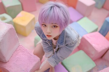 A focused girl with short violet hair balancing in a park. Greenery in the background, showcasing determination and concentration.