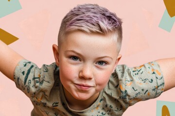 A focused girl with short violet hair balancing in a bright room. She is the main subject, with a clean and simple background.