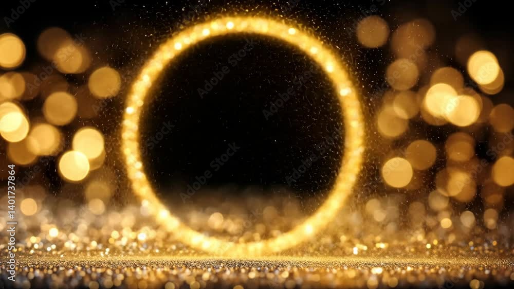 Poster illuminated golden circle frame against a dark background surrounded by glowing particles and bokeh 