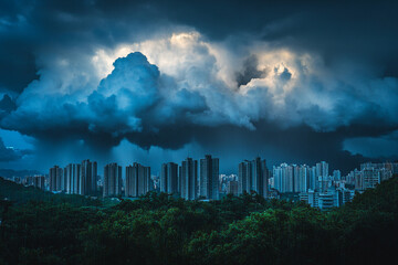 Fototapeta premium Storm clouds gather over urban landscape as city prepares for rain and strong winds in the evening
