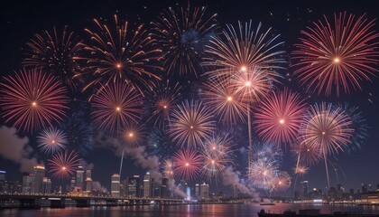 Vibrant Fireworks Display Over City at Night