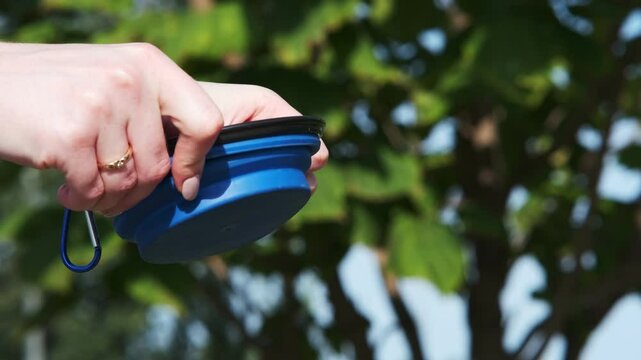 Girl unfolds a collapsible silicone bowl for animals. Bottom view. Traveling with animals. Walking on a sunny day in a city park. Care concept, animal life
