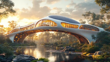 AI-designed eco-bridges with integrated solar panels, holographic stress tests simulating traffic loads