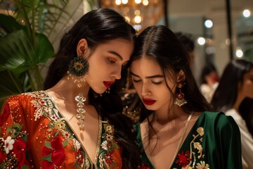 Close-up of two women in elegant, embroidered outfits