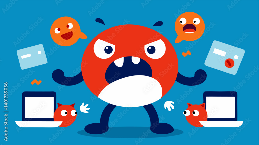 Poster invasion of the browsers a metaphorical showing a friendly browser character being overwhelmed by ag