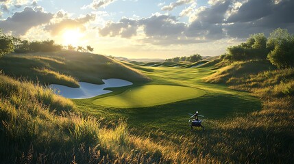 AI-designed golf course with adaptive terrain, drone caddies fetching clubs, wind patterns projected on smart greens