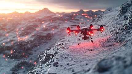 AI-driven avalanche rescue drones scanning mountain slopes with radar, red alerts flashing on snowy peaks