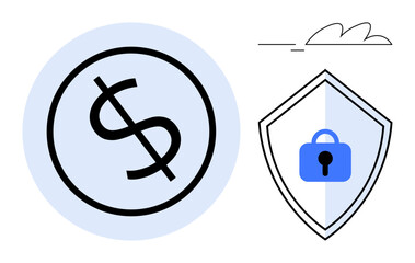 Dollar sign inside blue circle next to security shield with lock. Ideal for finance, security, protection, investment, banking, trust, online safety concepts. Blue and black abstract line flat