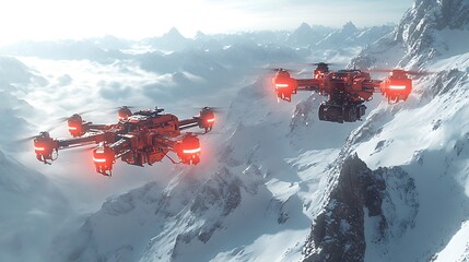 AI-driven avalanche rescue drones scanning mountain slopes with radar, red alerts flashing on snowy peaks