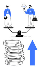 Businessman and businesswoman on a balance scale with coins and upward arrow, symbolizing equality, fair opportunity, growth, and teamwork. Ideal for business, economy, equality, success