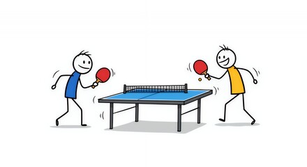 Stick Figures Playing Table Tennis on White Background