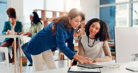 Business, mentor and help woman with tablet for finance training, online system process and...
