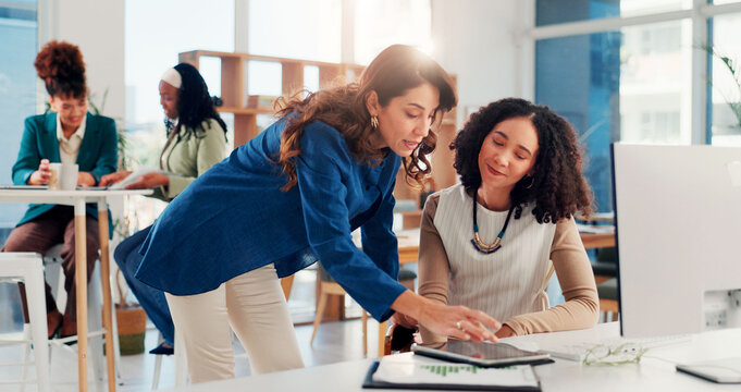 Business, mentor and help woman with tablet for finance training, online system process and investment report. Corporate intern, manager and feedback for proposal review, budget strategy and coaching