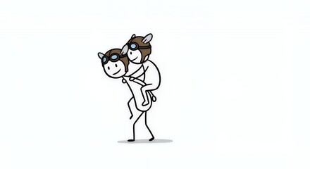 Fototapeta premium Two Stick Figures in Pilot Helmets on Piggyback Ride