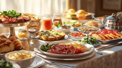 A lavish breakfast spread featuring fresh fruits, pastries, and savory dishes by a sunlit window