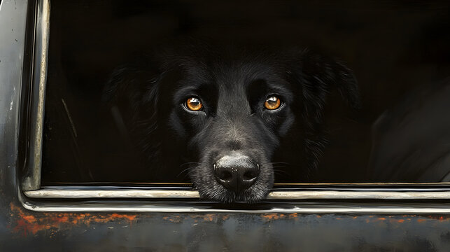 black dog with expressive eyes looks out from car window, creating sense of curiosity and adventure