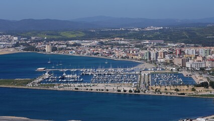 Aerial view of La Linea de la Concepcion with Alcaidesa Marina and Gibraltar in background