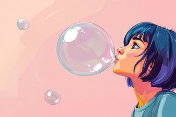 A cheerful girl with lavender hair enjoying and catching a frisbee under a clear blue sky on a sunny day.