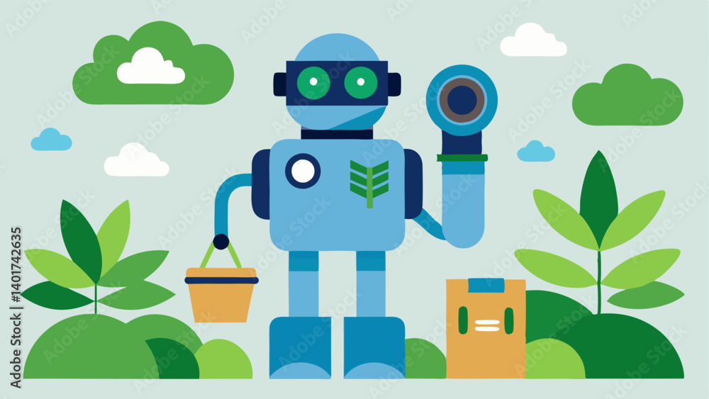 Poster natureinspired search engine a robot with binoculars scanning a landscape filled with ecofriendly pr