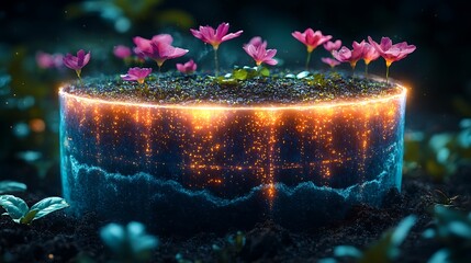 AI-powered compost network, household waste tracked to urban farms, nutrient levels visualized as glowing soil layers