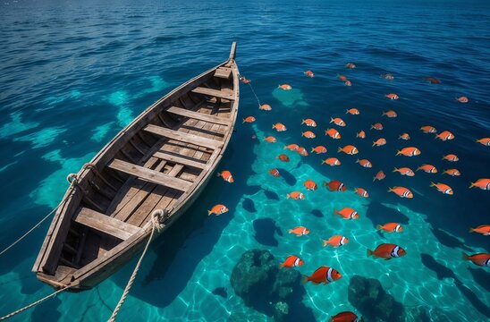 Colorful tropical fish swimming near an old wooden boat in crystal clear ocean waters during bright daylight