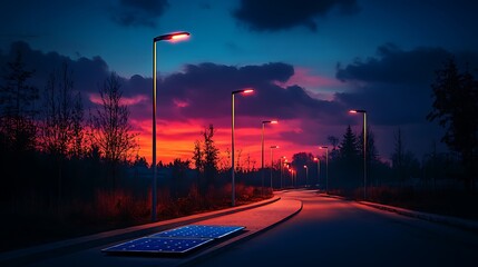 AI-powered streetlights adjusting brightness via motion sensors, solar panels charging under a twilight sky