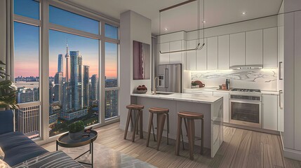 Obraz premium A modern urban condo kitchen and living space with city views.