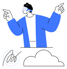 Individual with VR goggles pointing at objects. Cloud and swirl graphic below. Ideal for technology, innovation, virtual reality, cloud computing, future, digital interaction creativity. Minimalist