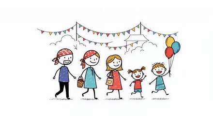 Fototapeta premium Cheerful Stick Figure Family at a Cultural Festival