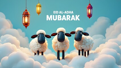 Eid al-Adha Mubarak Greeting with Cute Sheep