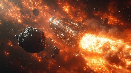 AI asteroid refinery melting space rocks into alloys, solar furnaces blazing in zero-g, molten streams crystallizing in vacuum