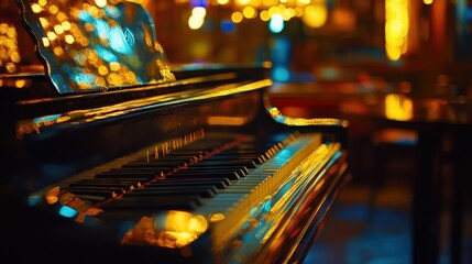 Elegant grand piano illuminated by warm lights in a vibrant, cozy lounge setting